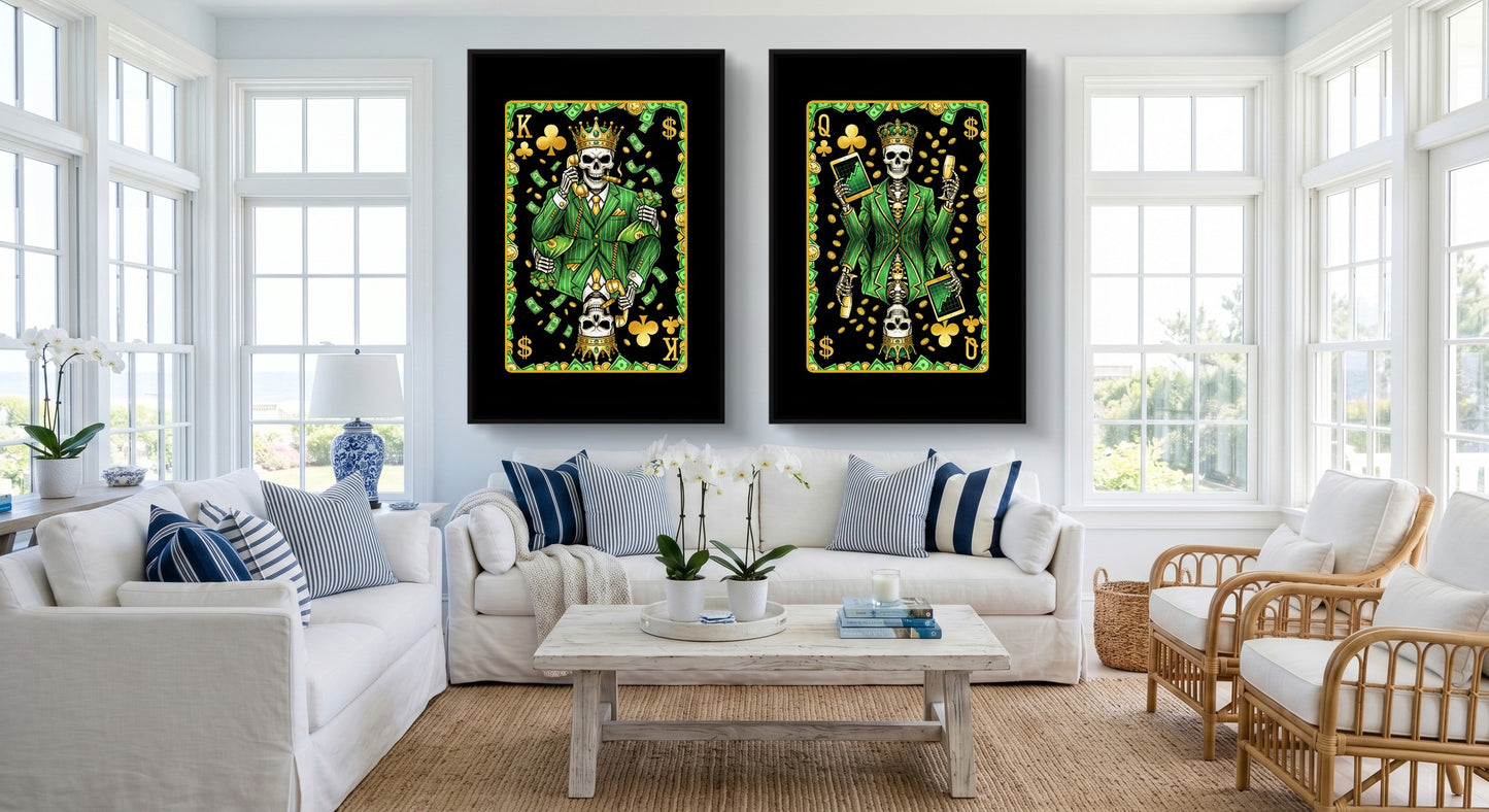 Skull Money King & Queen Canvas Set - Clubs black-framed canvas in a room