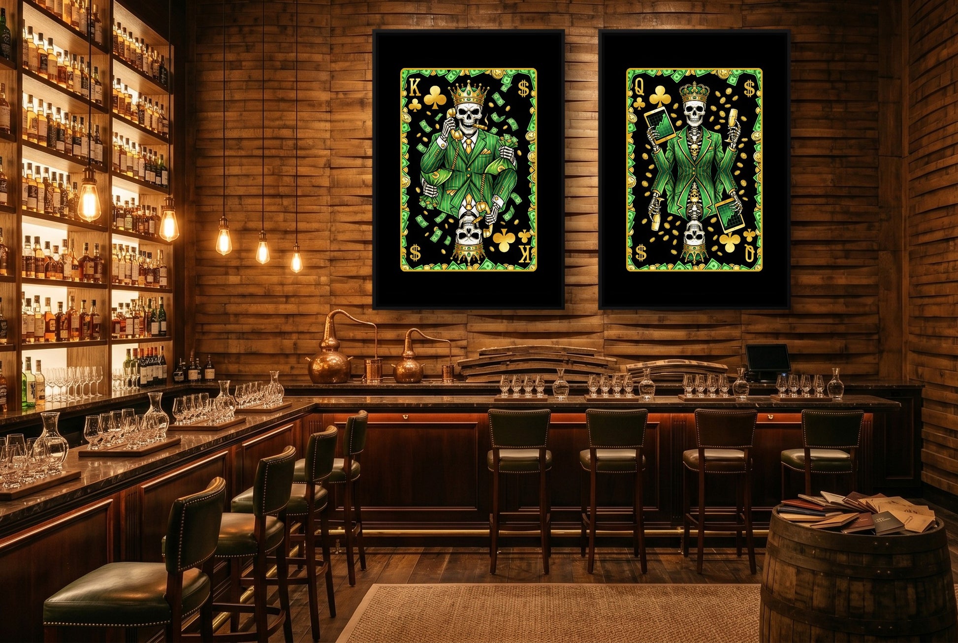 Skull Money King & Queen Canvas Set - Clubs black-framed canvas in a room