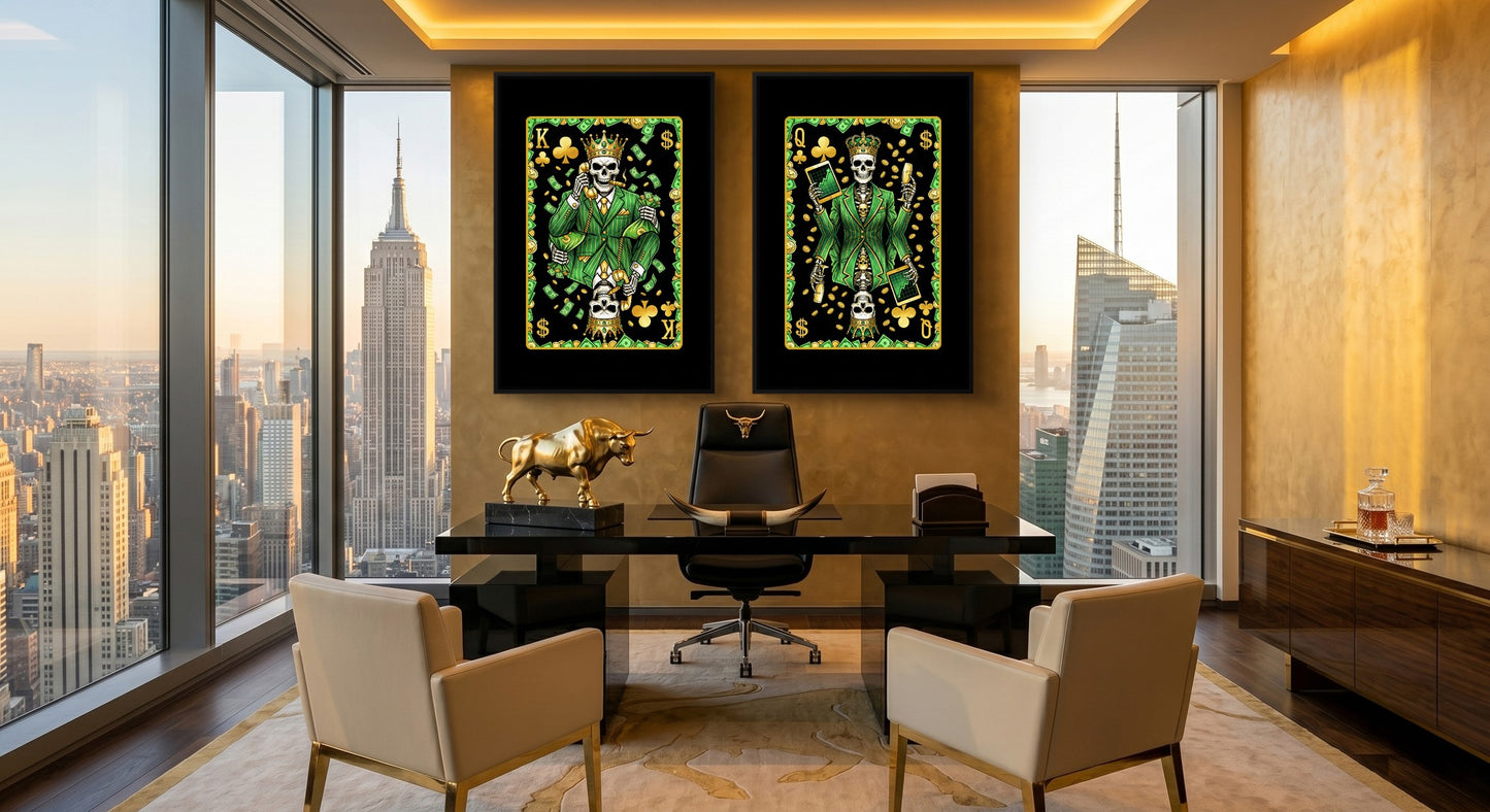 Skull Money King & Queen Canvas Set - Clubs black-framed canvas in a room