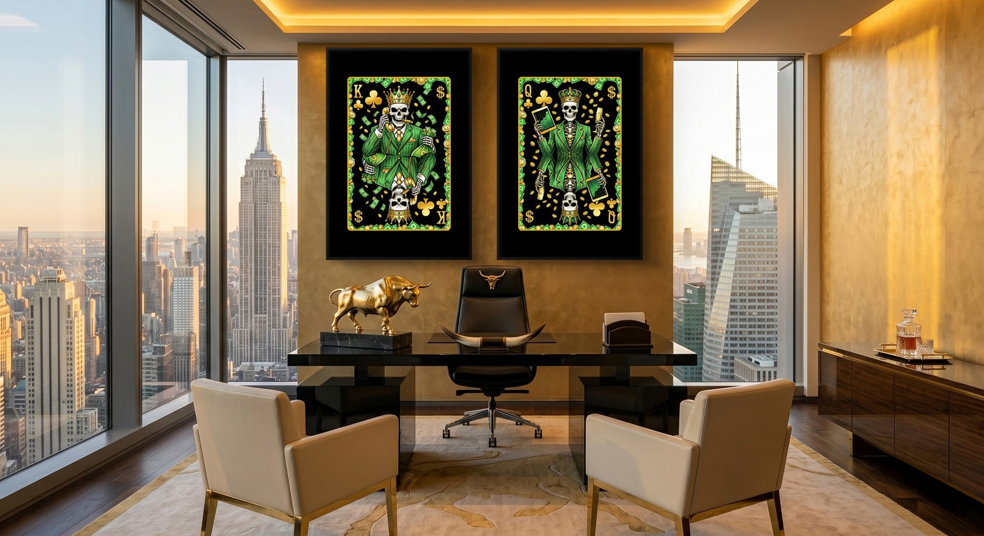 Skull Money King & Queen Canvas Set - Clubs black-framed canvas in a room