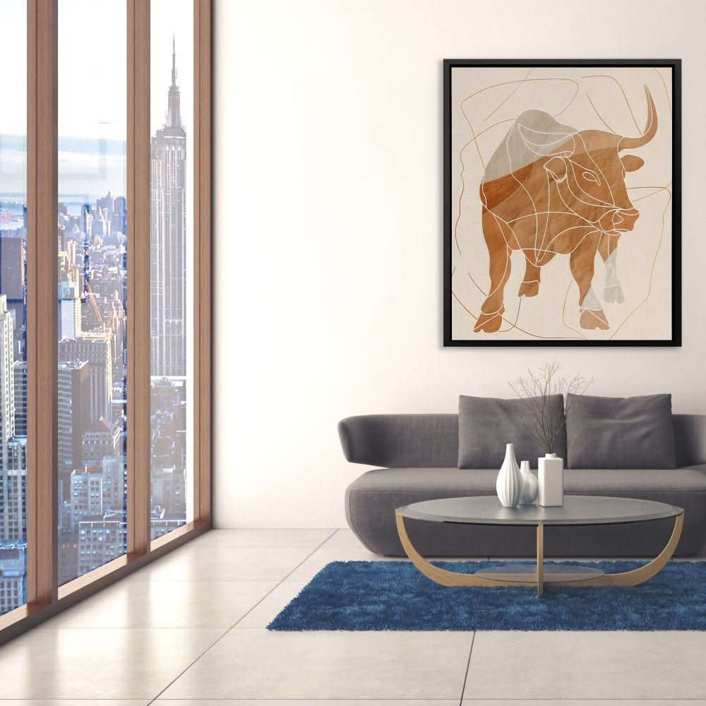 Sleek Dominance - Bull Wall Art in Black Frame
