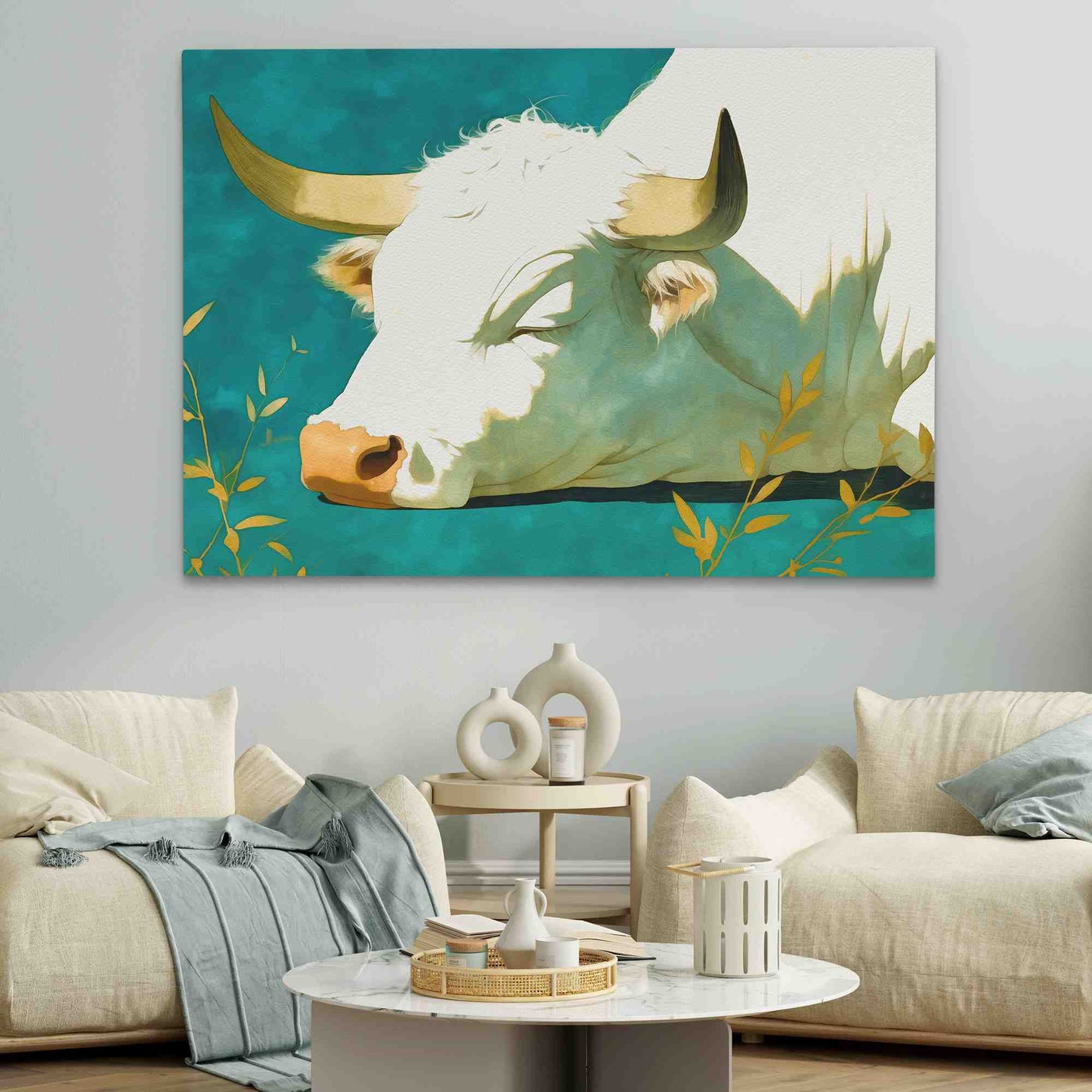 Sleeping Bull - Green Canvas Wall Art