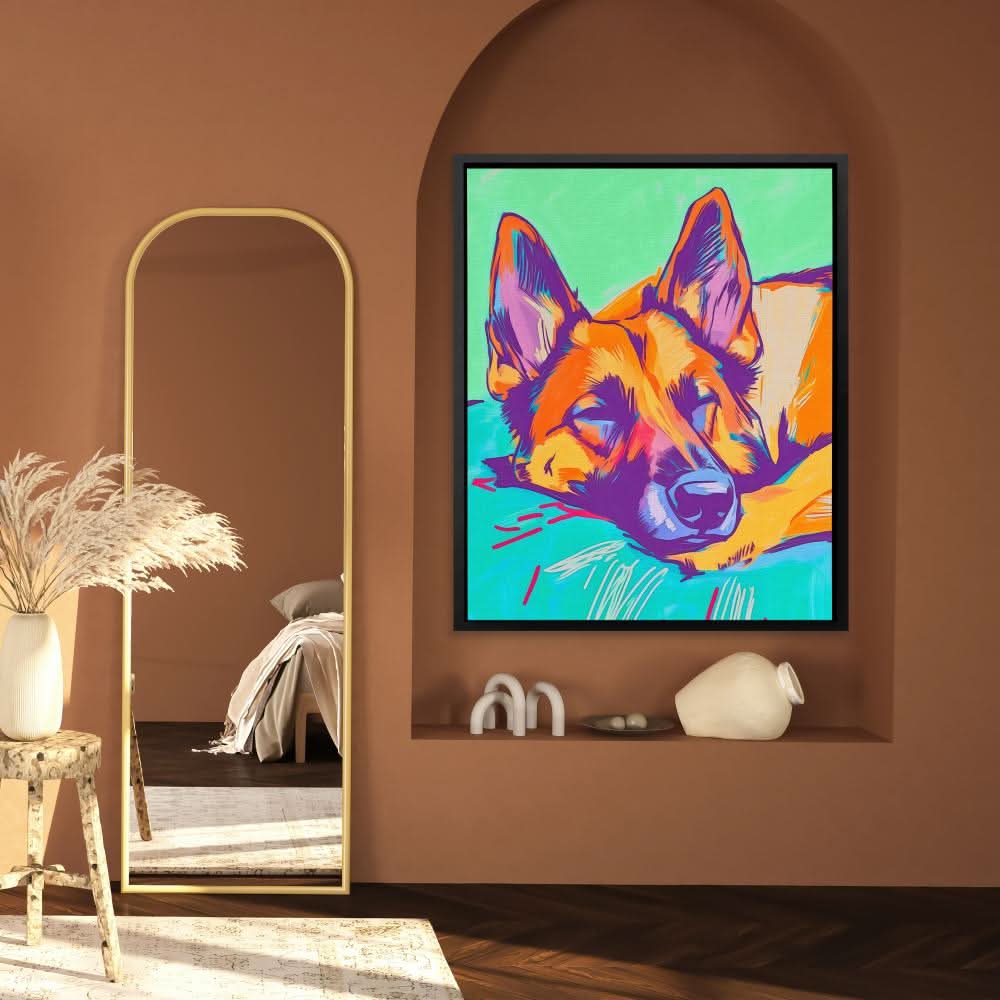 Sleeping German Shepherd - German Shepherd Wall Art in Black Frame
