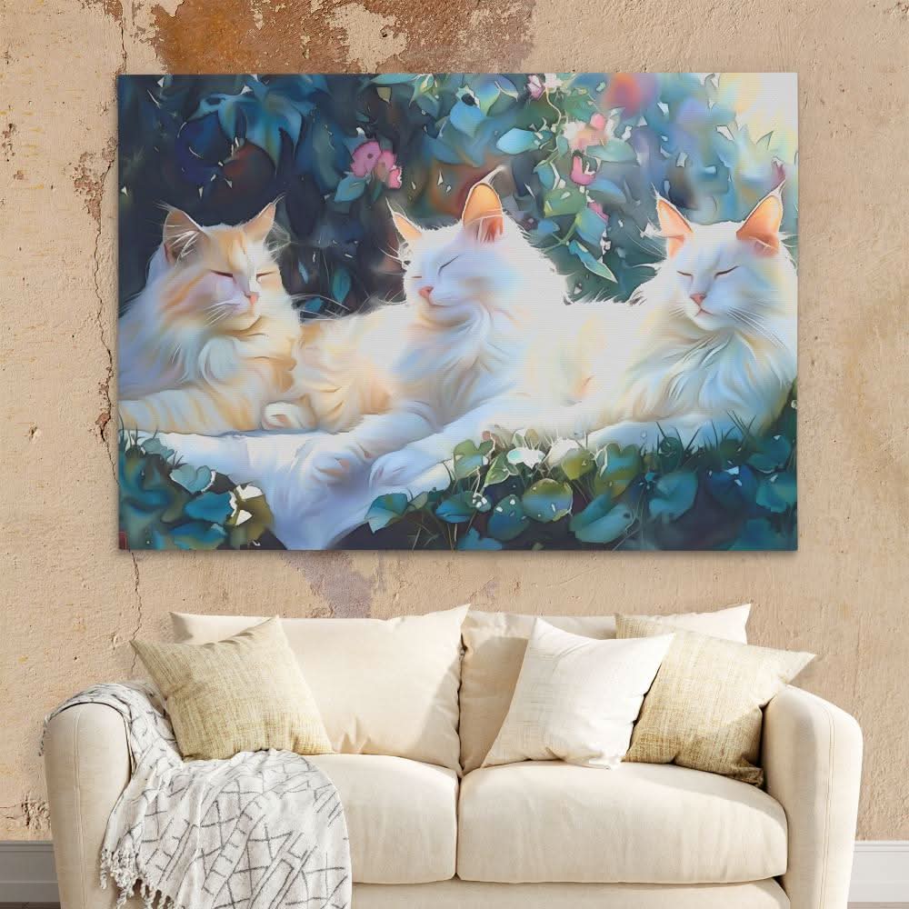 Sleeping White Cats - Neutral Canvas Wall Art