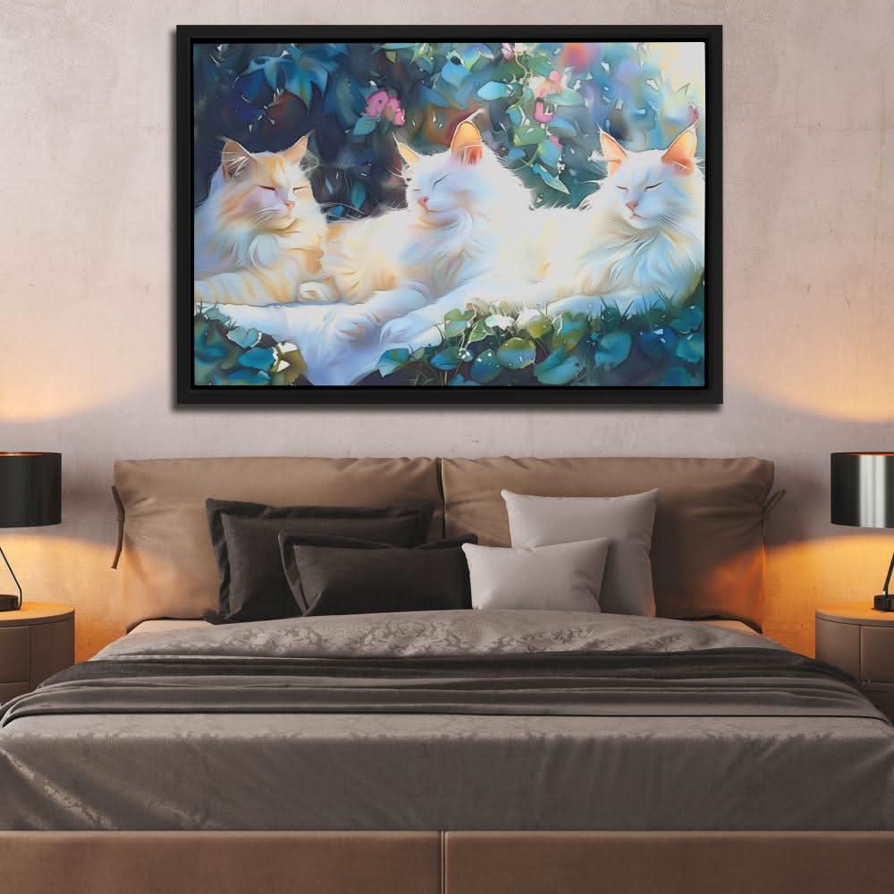 Sleeping White Cats - Neutral Wall Art