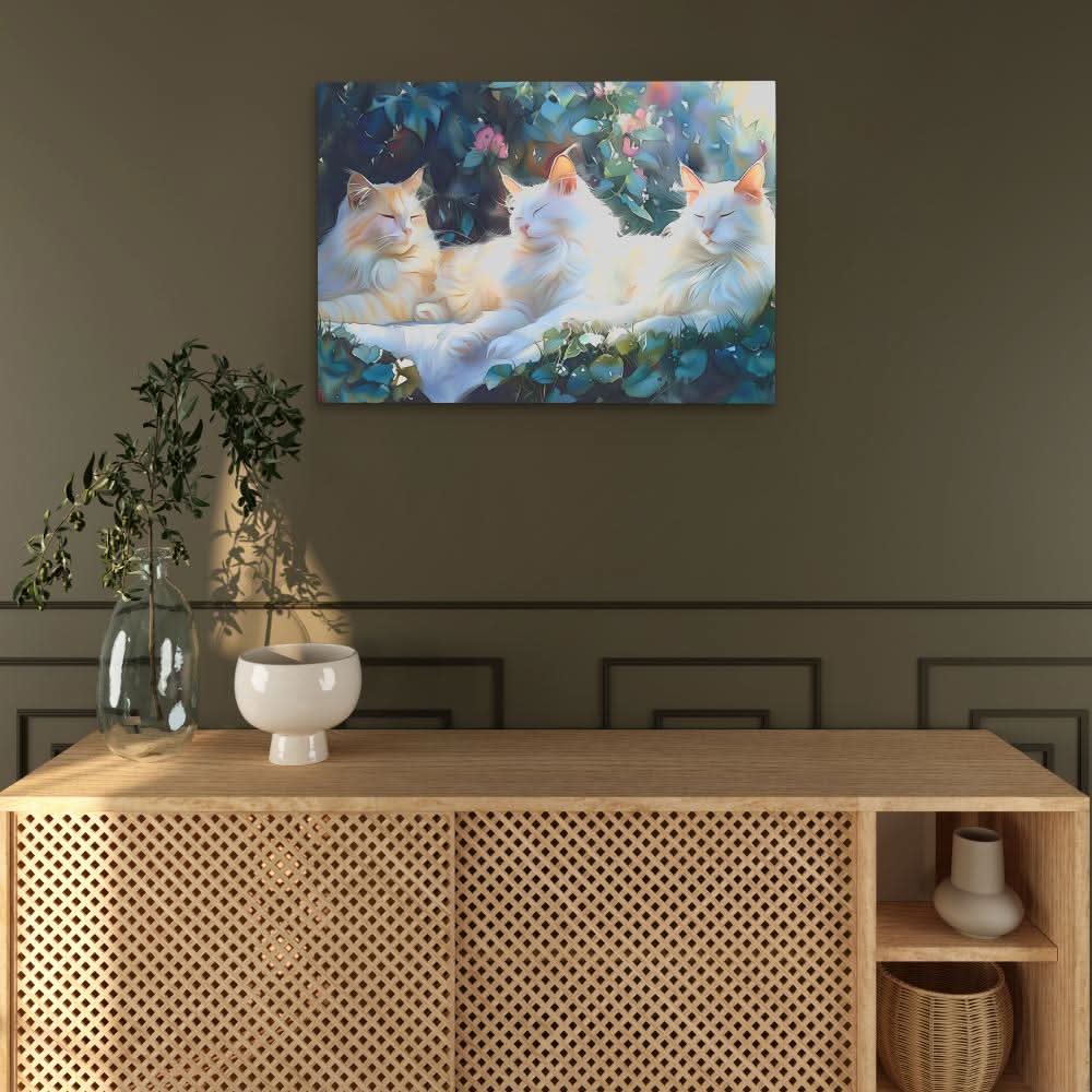 Sleeping White Cats - Bear Wall Art in Black Frame