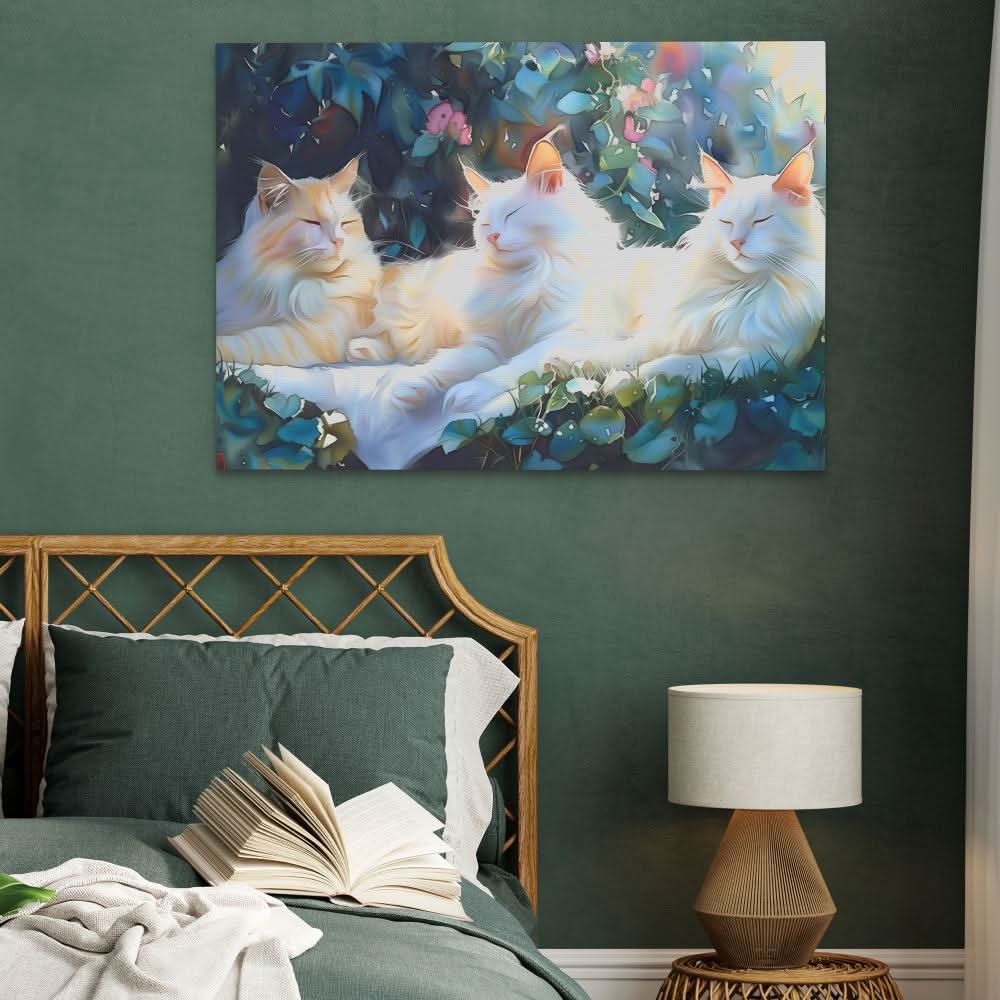 Sleeping White Cats - Wall Art in Black Frame