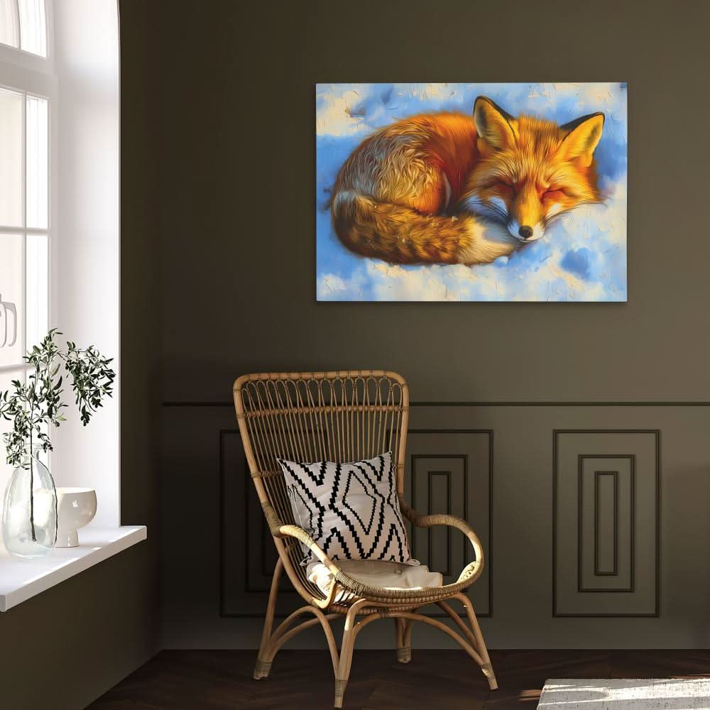 Sleepy Snow Fox - Fox Wall Art in Black Frame