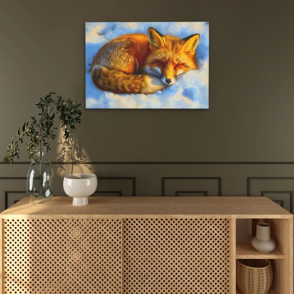 Sleepy Snow Fox - Earth Tones Canvas Wall Art
