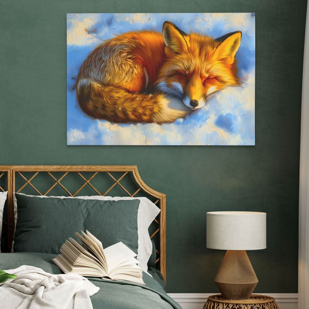 Sleepy Snow Fox - Wall Art in Black Frame