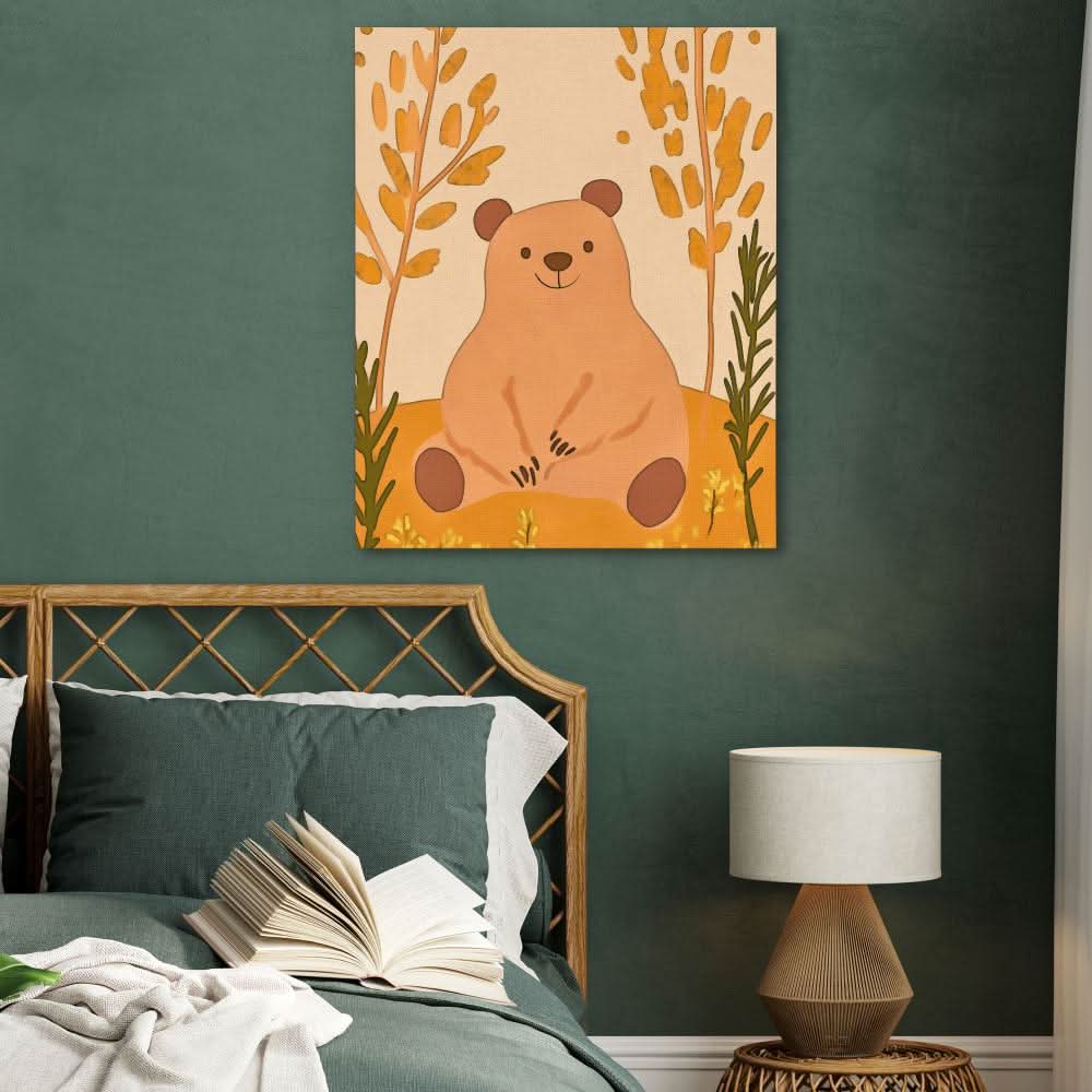 Smiling Bear in Nature - Earth Tones Canvas Wall Art