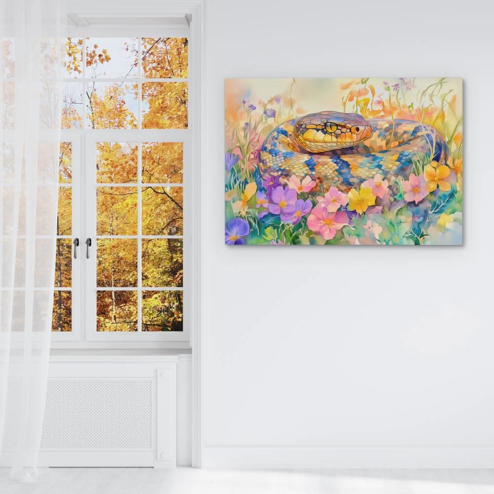 Snake in Flowers - Colorful Canvas Wall Art