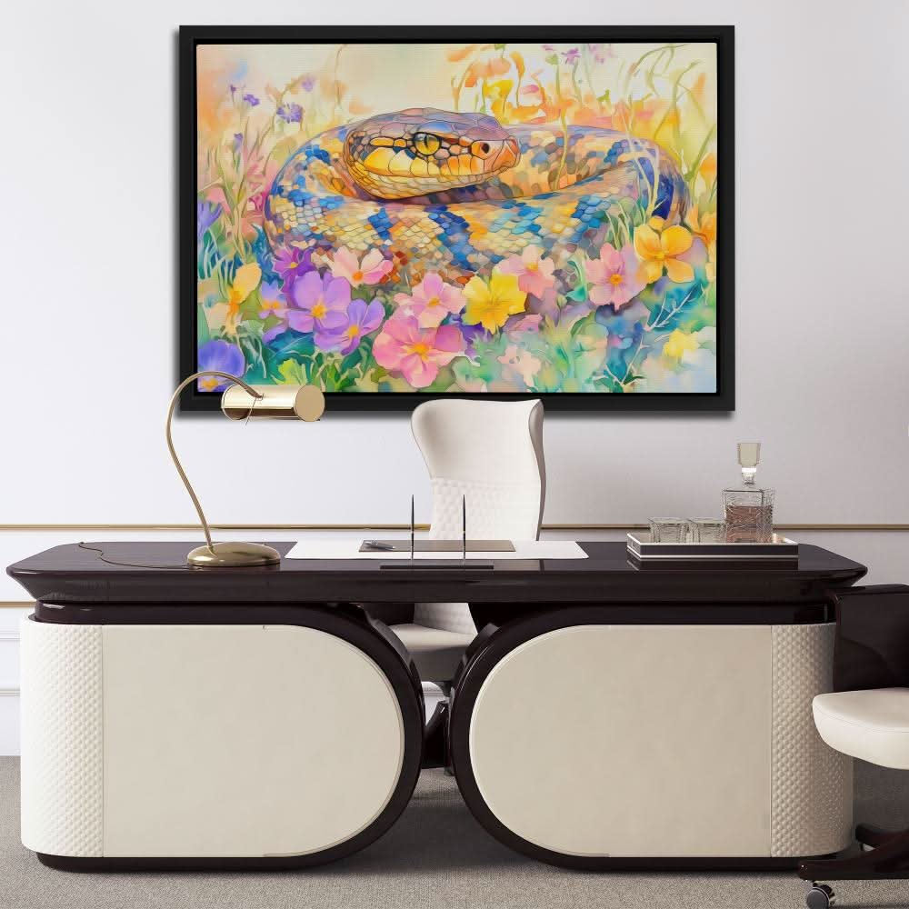 Snake in Flowers - Nature Wall Art in Black Frame