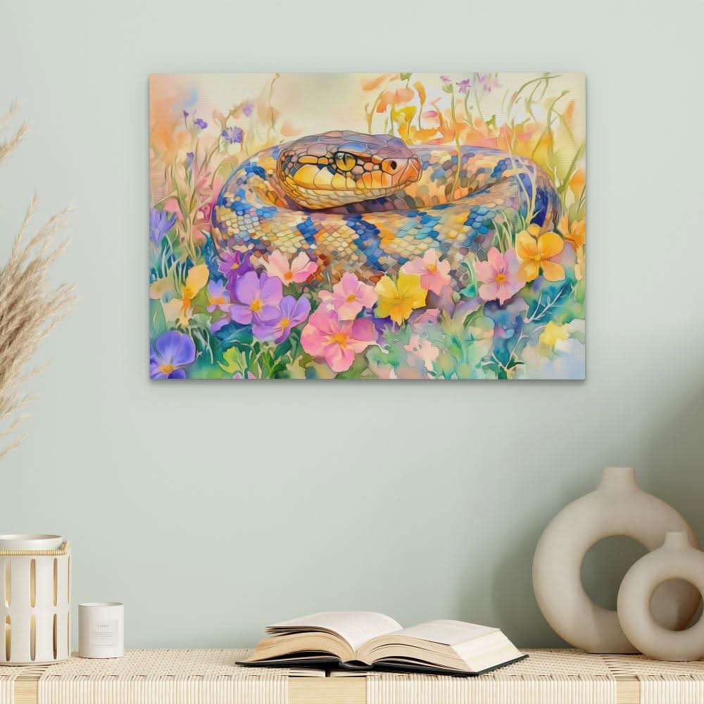 Snake in Flowers - Wall Art in Black Frame