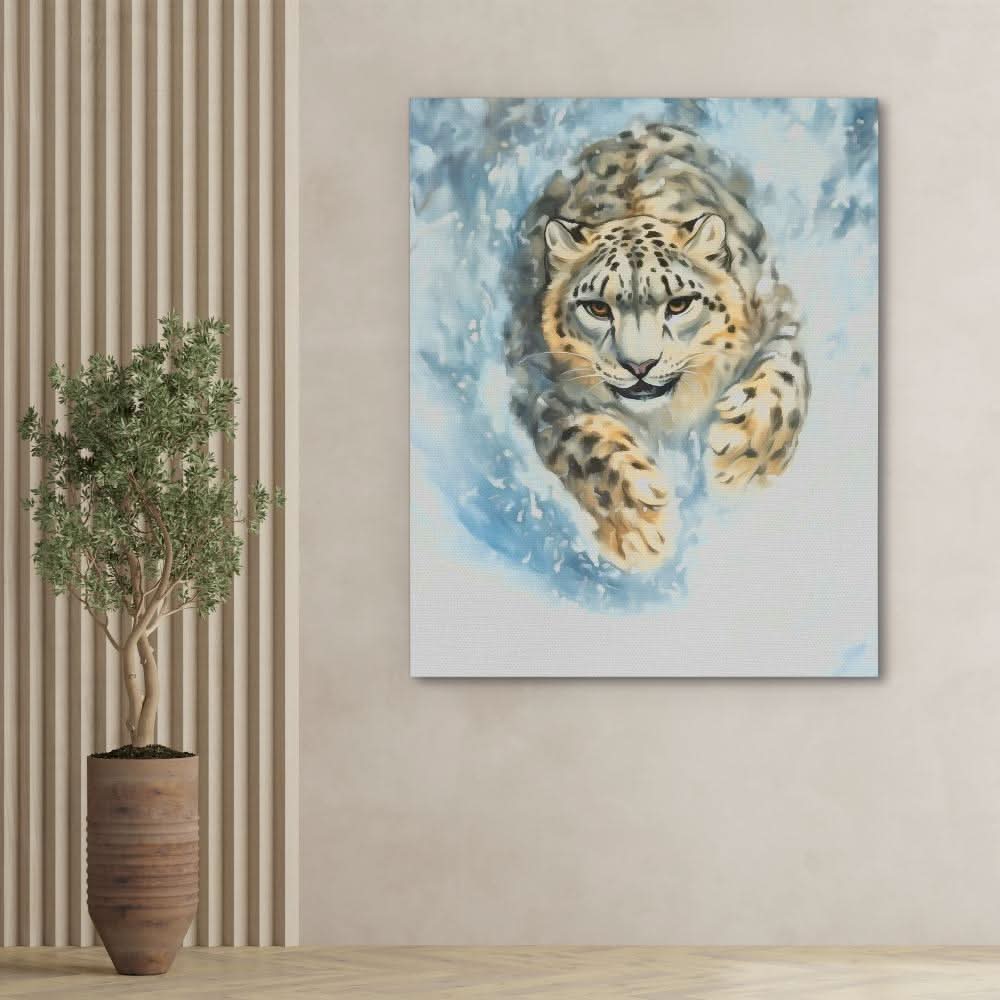 Snow Leopard’s Charge - White Wall Art for Living Room