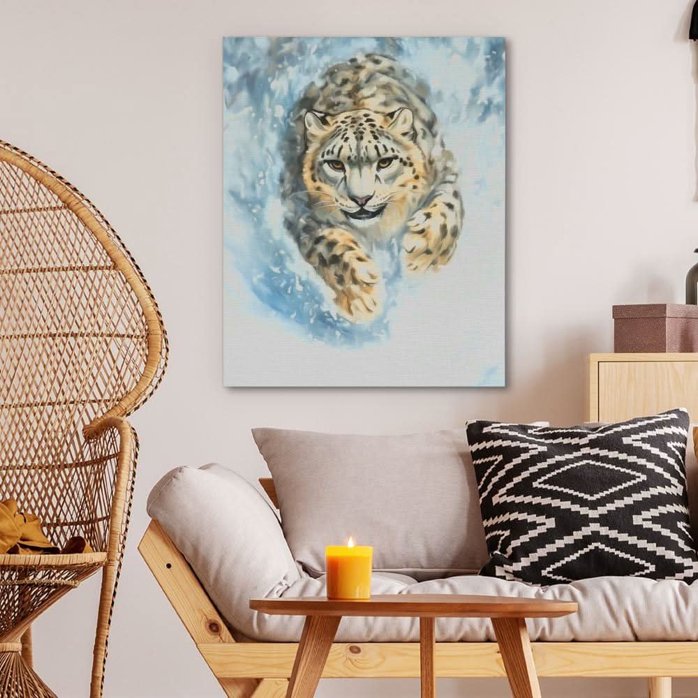 Snow Leopard’s Charge - Wall Art in Black Frame