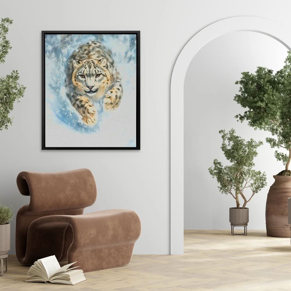Snow Leopard’s Charge - White Canvas Wall Art