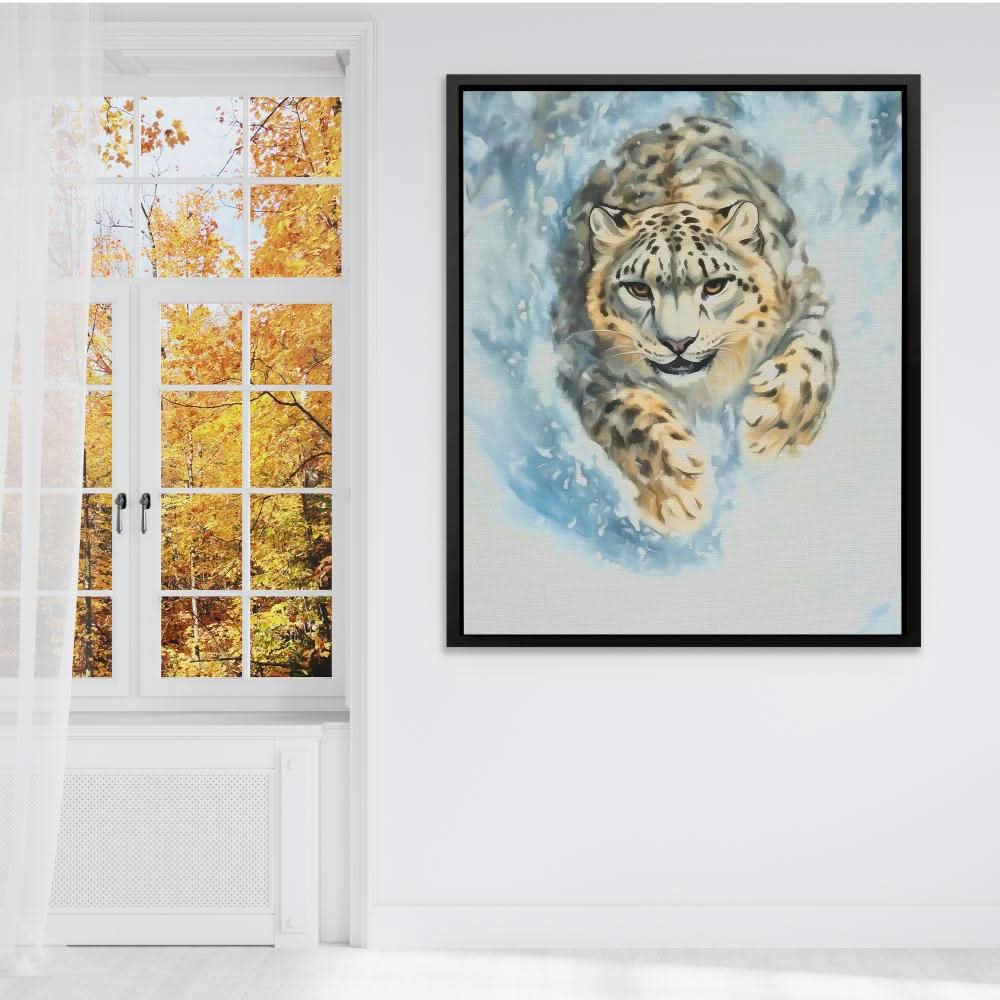 Snow Leopard’s Charge - White Big Cat Canvas Print