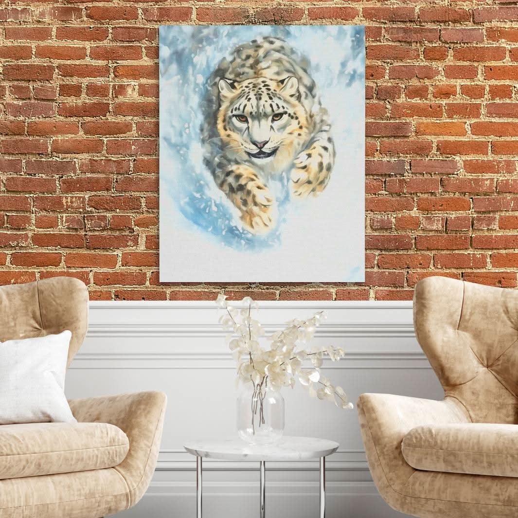 Snow Leopard’s Charge - Big Cat Wall Art in Black Frame