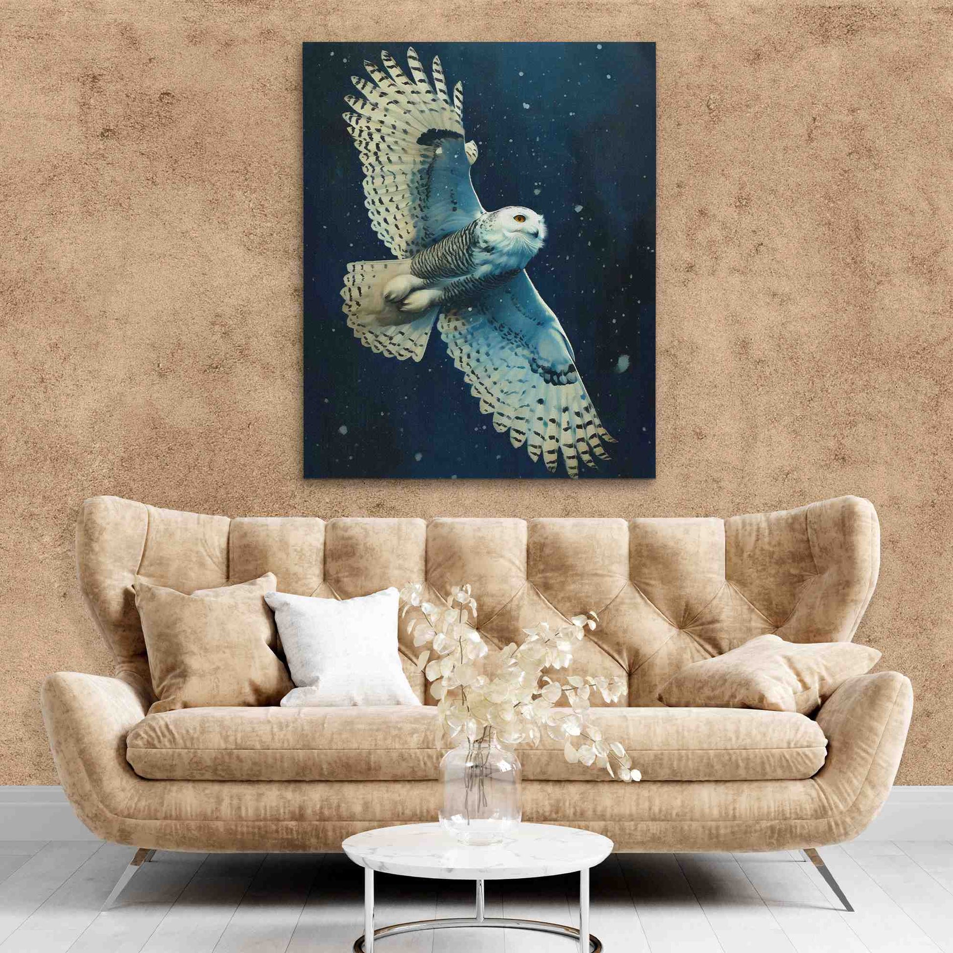 Snow Owl in Flight - Bird Wall Art in Black Frame