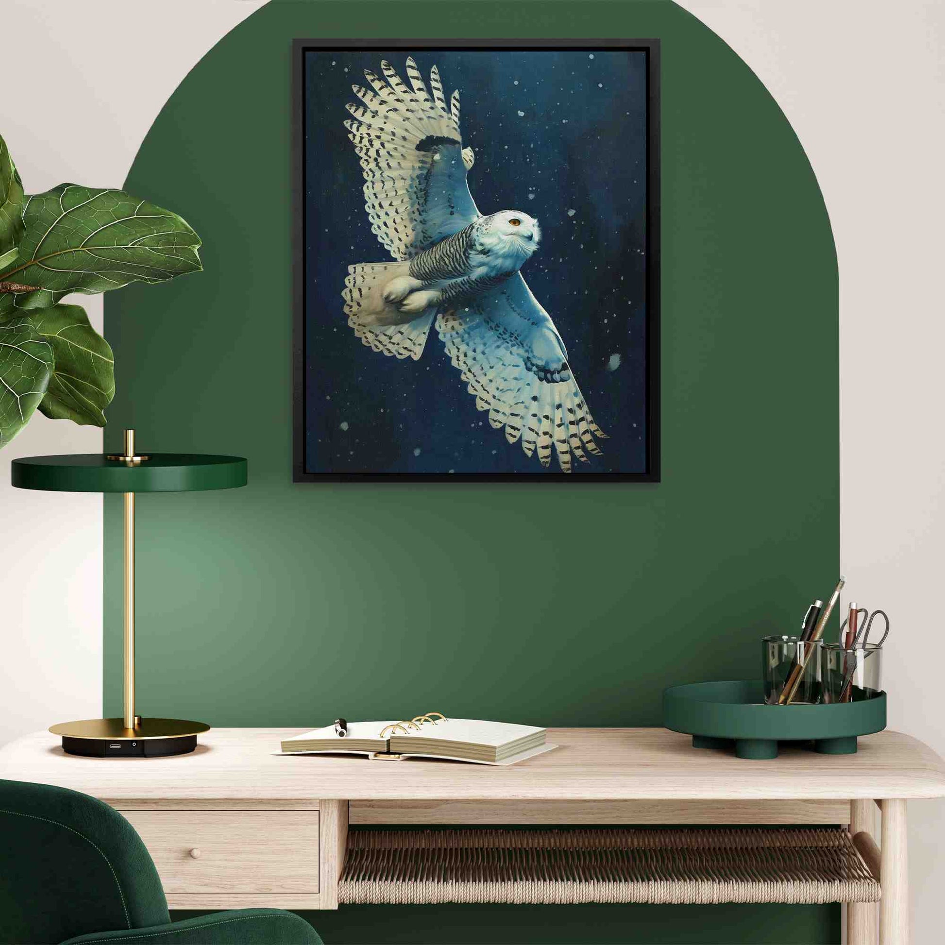 Snow Owl in Flight - Wall Art in Black Frame