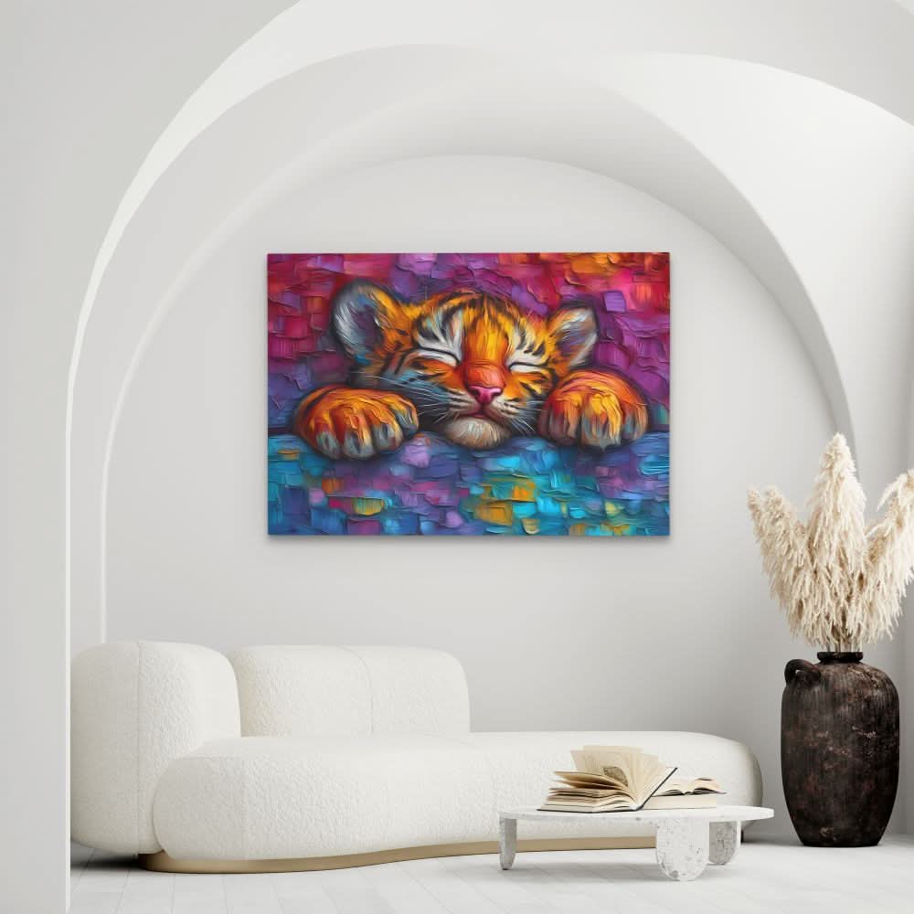 Snuggling Tiger Cub - Colorful Canvas Wall Art