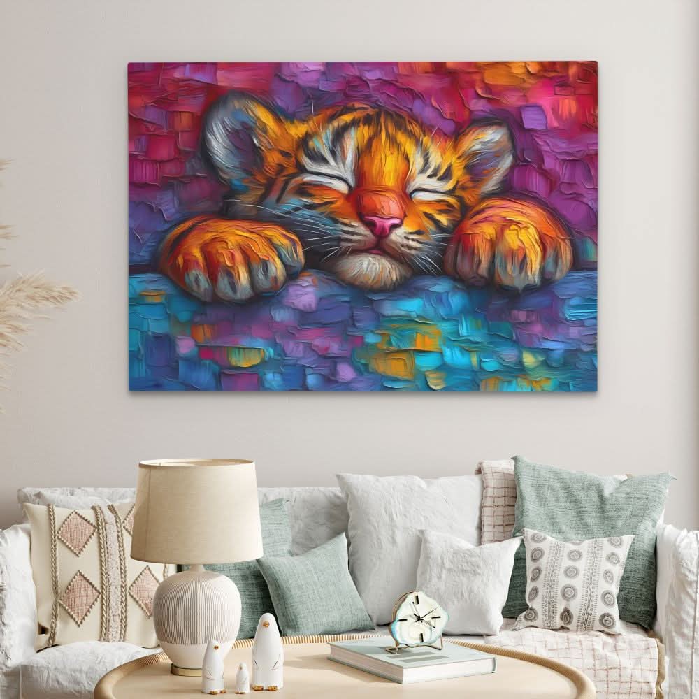 Snuggling Tiger Cub - Wall Art in Black Frame