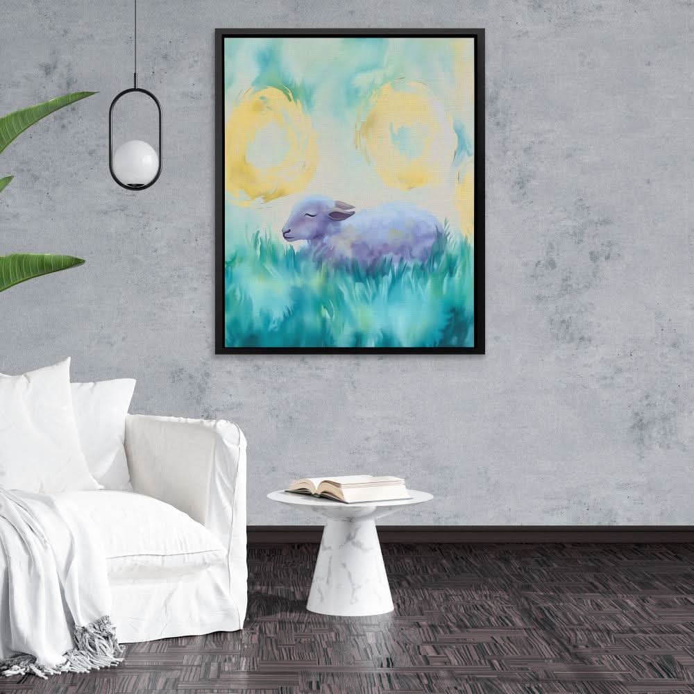 Soft Grass Slumber - Lamb Wall Art in Black Frame