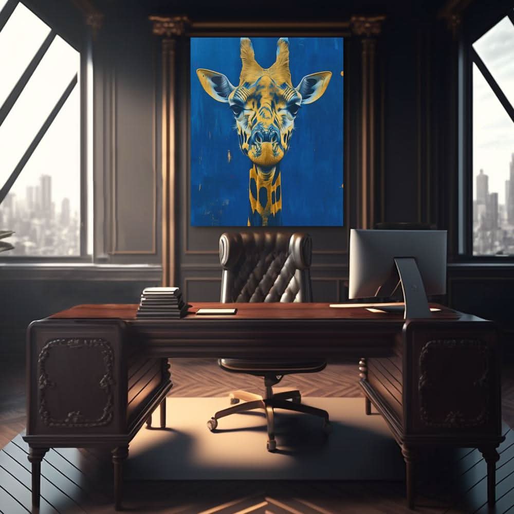 Staring Giraffe - Blue Canvas Wall Art