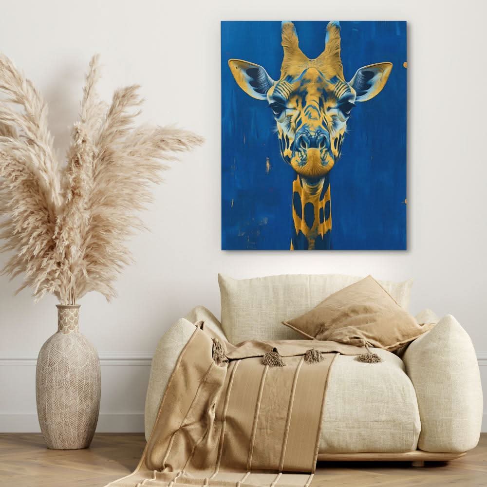 Staring Giraffe - Blue Wall Art