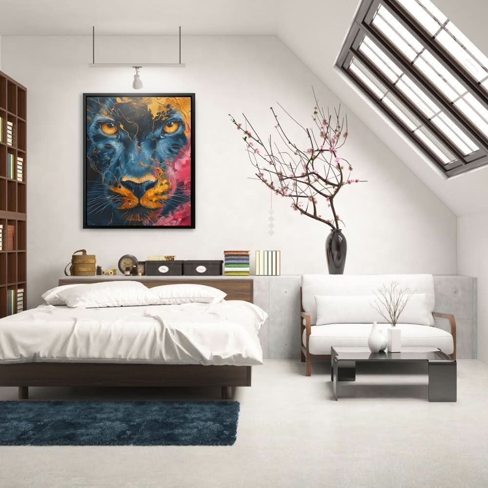 Starlit Roar - Big Cat Wall Art in Black Frame