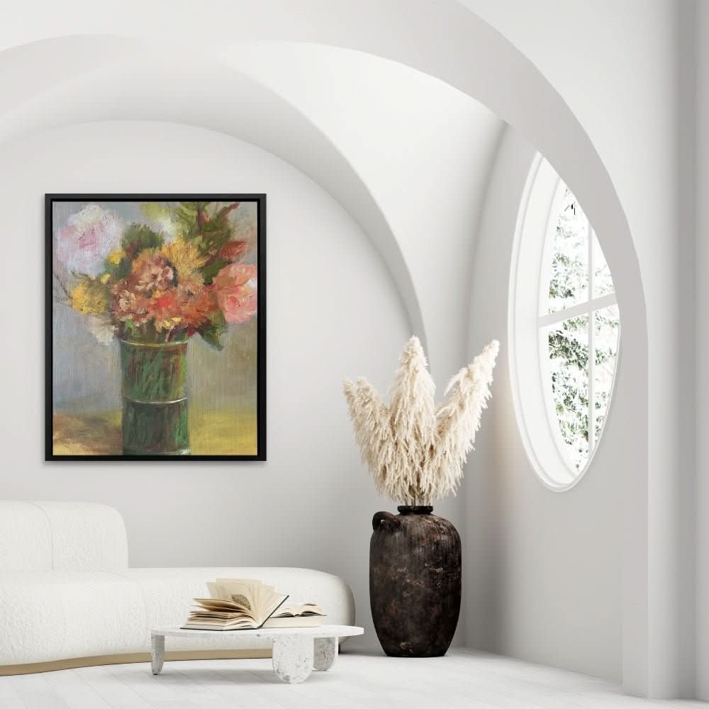 Still Life with Green Vase - Earth Tones Floral Canvas Print