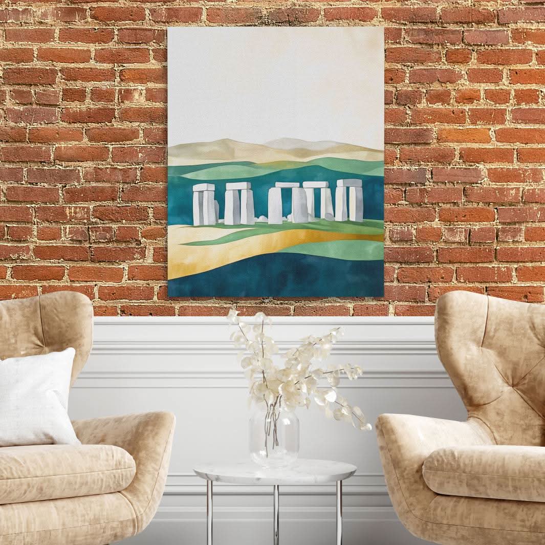 Stonehenge Under Soft Skies - Entryway Wall Art in Black Frame