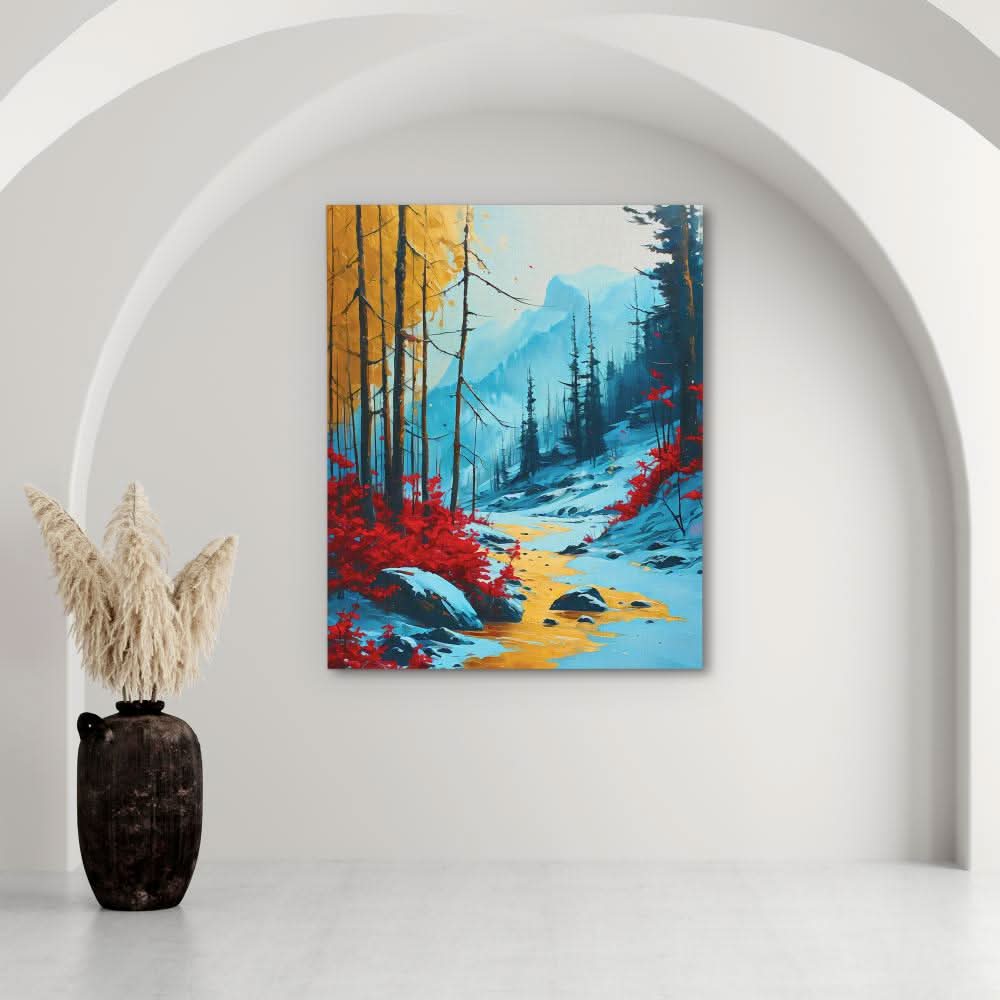 Streams of Gold - Light Blue Wall Art in Black Frame