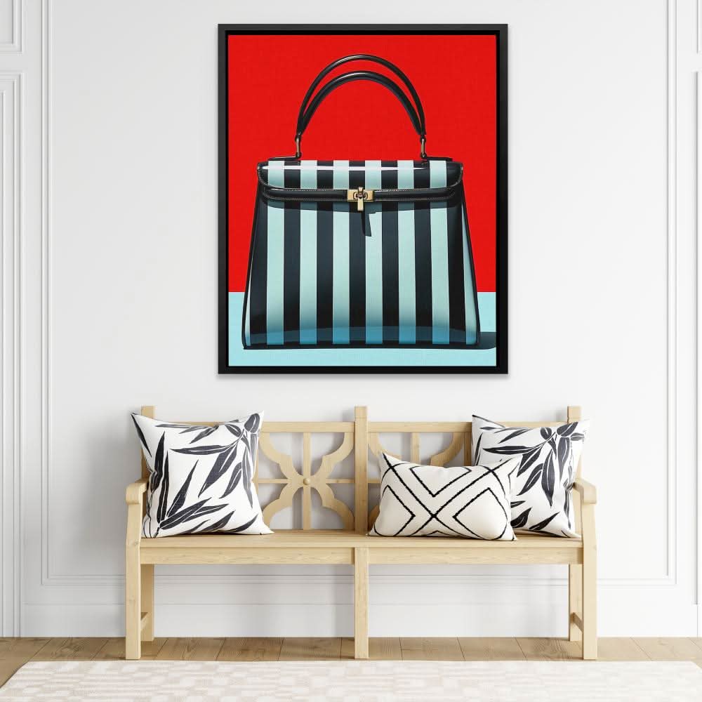 Striped Handbag - Illustrations Wall Art in Black Frame