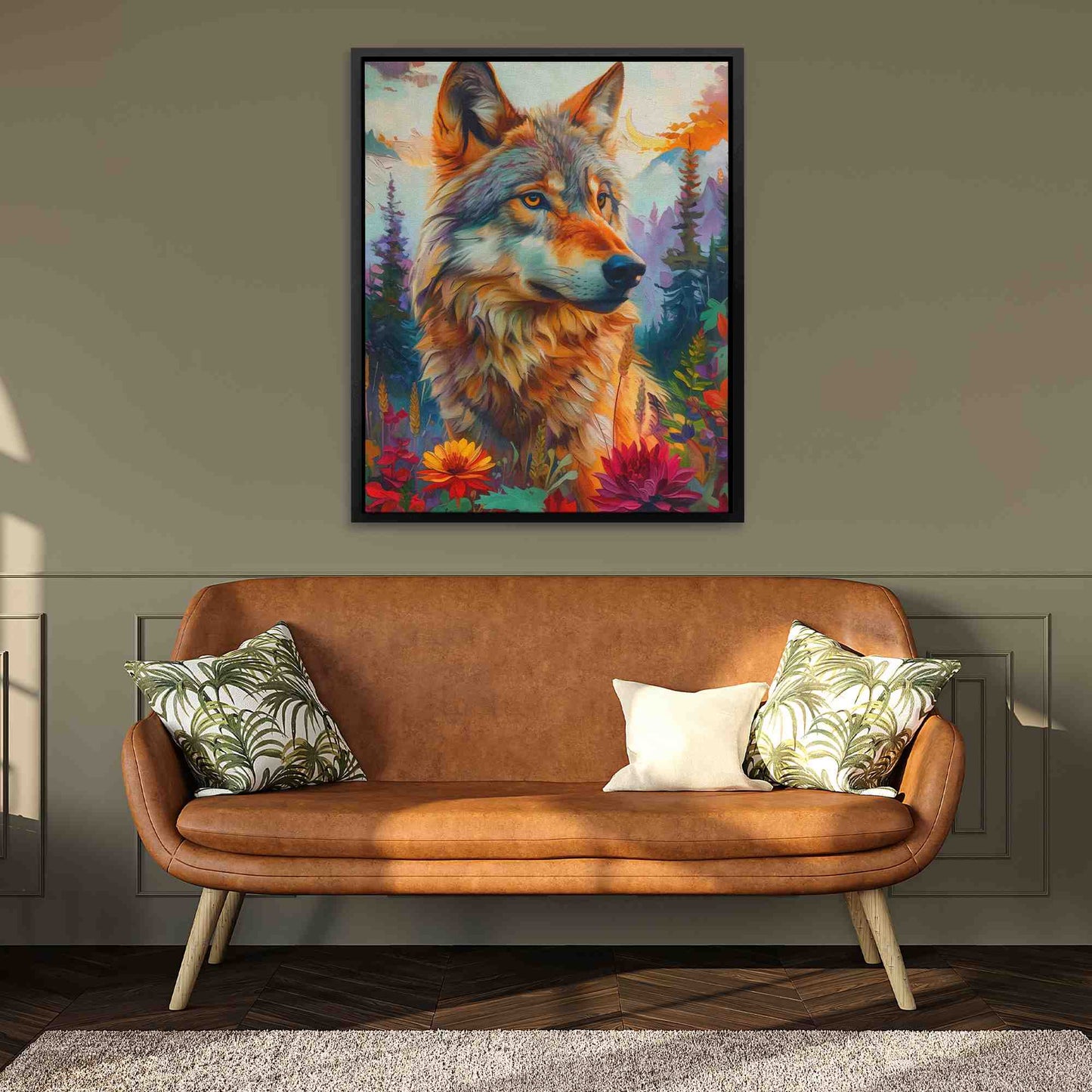 Stunning Wolf - Floral Wall Art in Black Frame