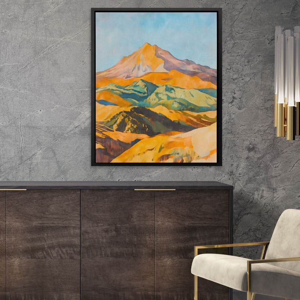 Sunlit Mountain Range - Mountain Wall Art in Black Frame