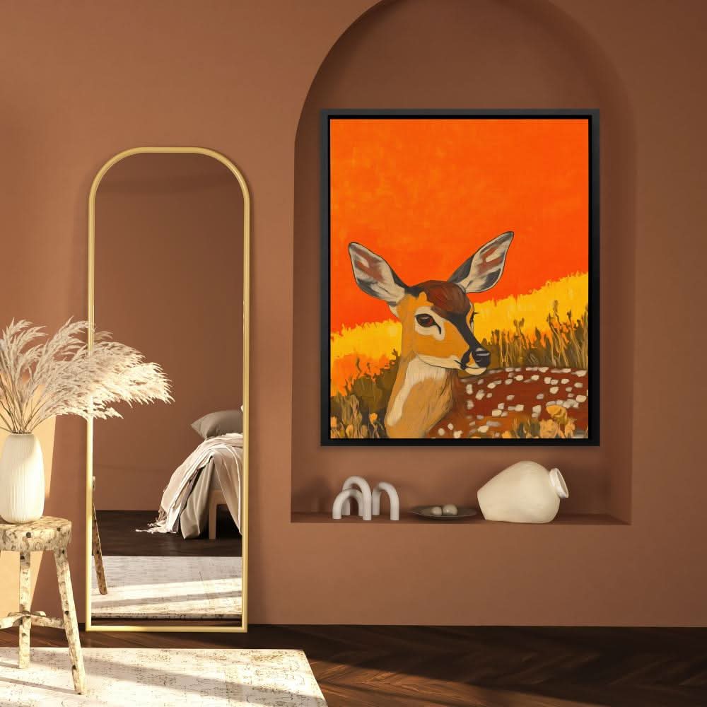 Sunset Deer Gaze - Deer Wall Art in Black Frame