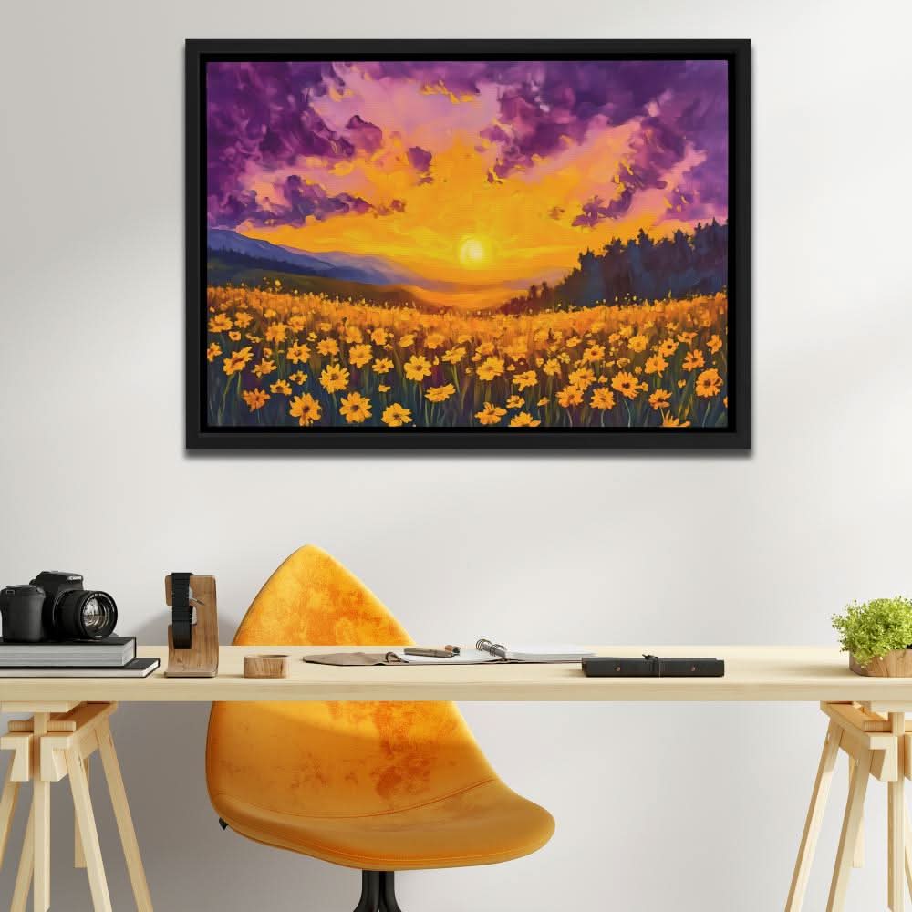 Sunset Field of Gold - Landscapes Wall Art in Black Frame