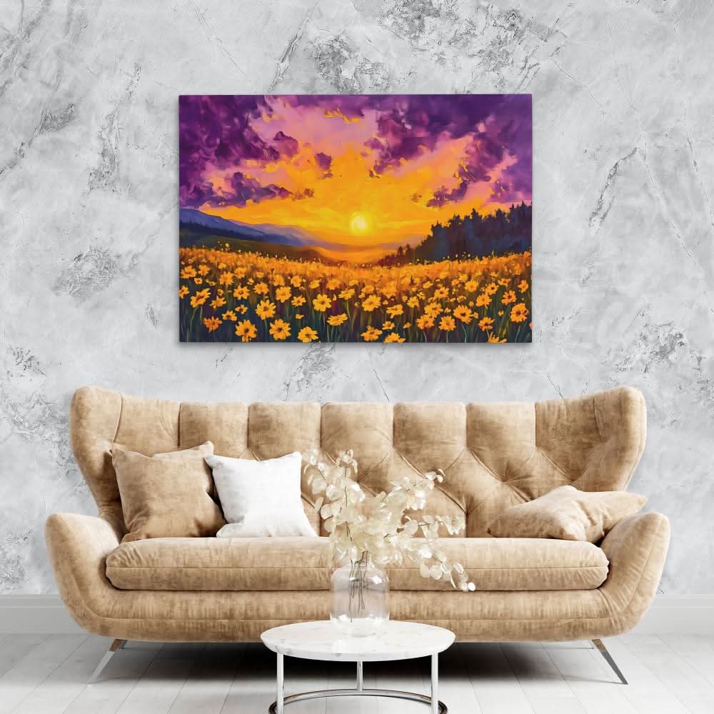 Sunset Field of Gold - Yellow Canvas Wall Art