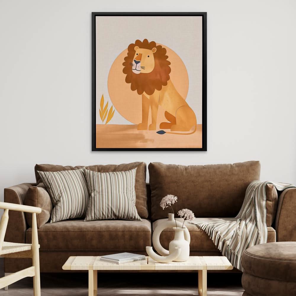 Sunset Lion - Minimalist Wall Art in Black Frame