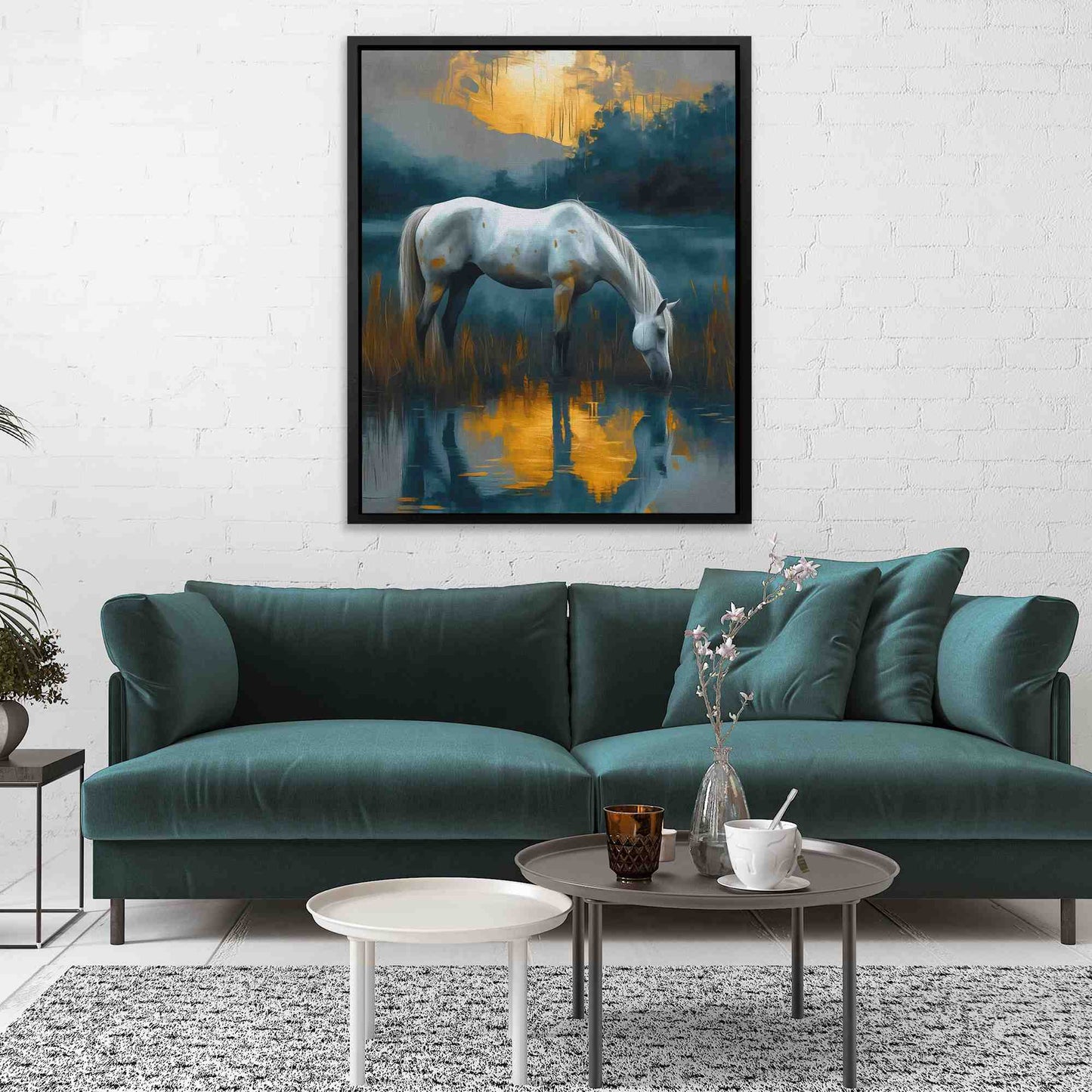 Sunset Thirst - Horse Wall Art in Black Frame