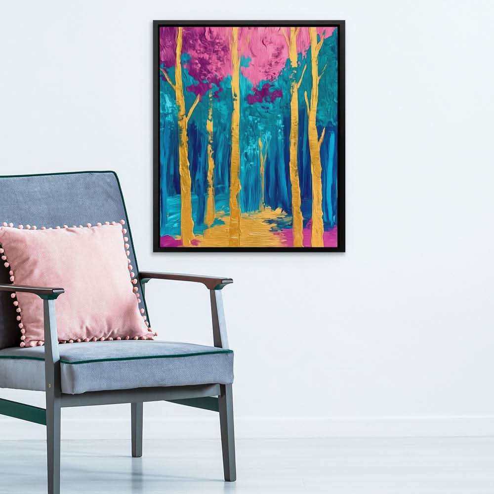 Surreal Gold and Pink Forest - Wall Art in Black Frame