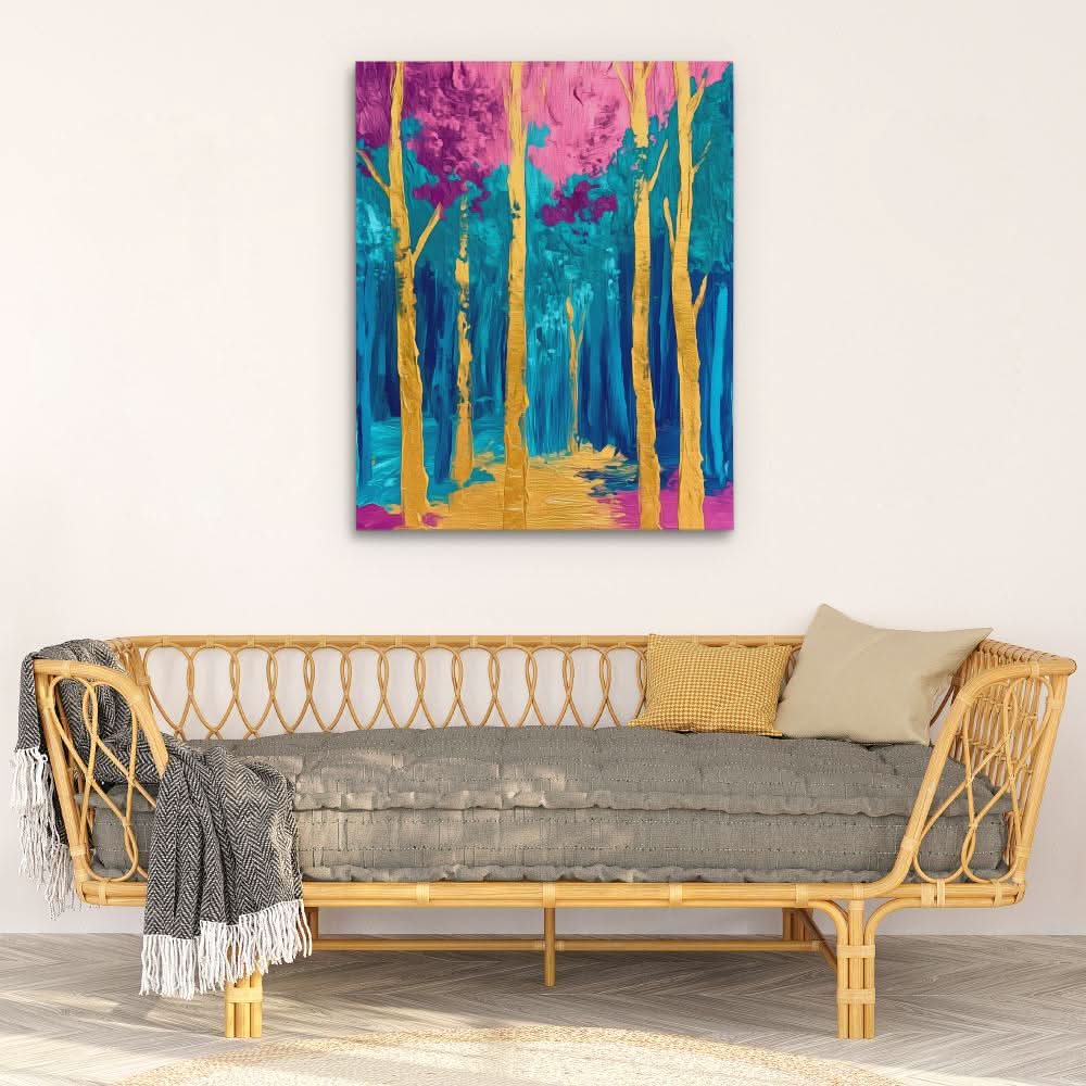 Surreal Gold and Pink Forest - Pink and Purple Wall Art in Black Frame