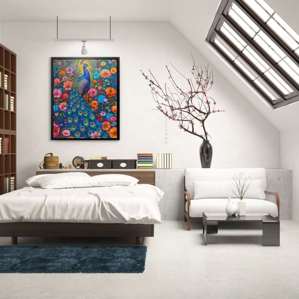 Surreal Peacock - Garden Wall Art in Black Frame