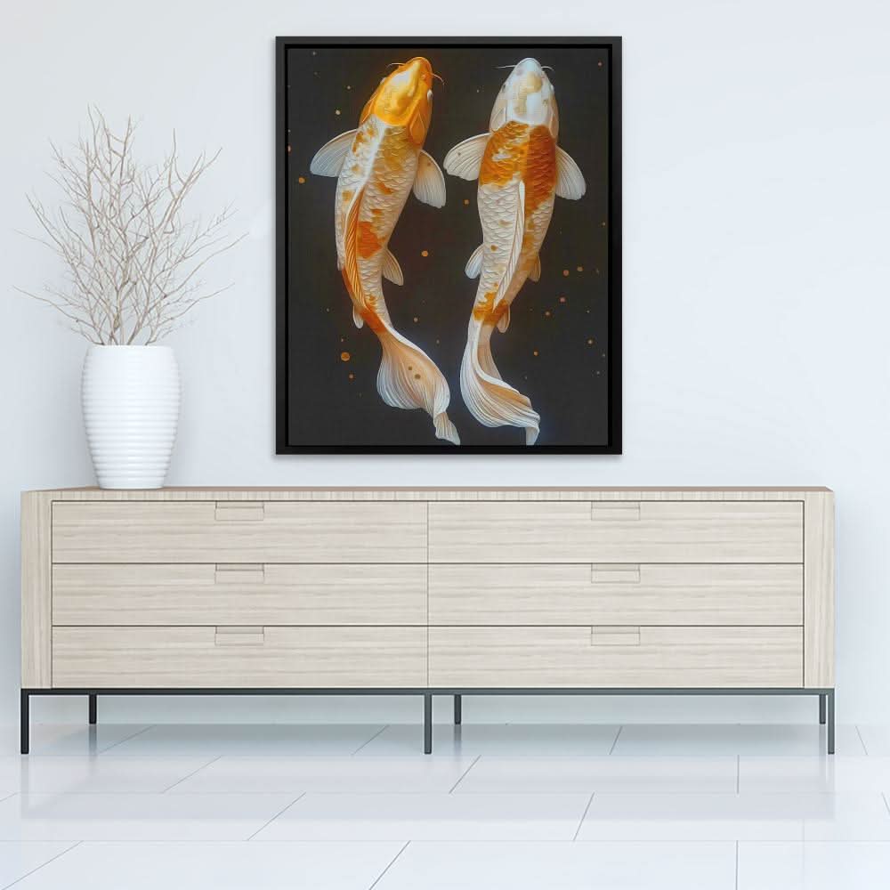 Swimming Koi Fish - Modern Black and Gold Canvas Wall Art