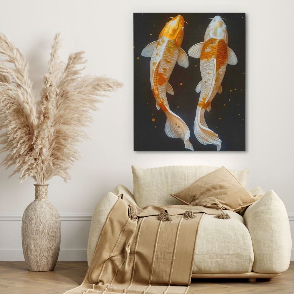 Swimming Koi Fish - Black and Gold Wall Art for Living Room