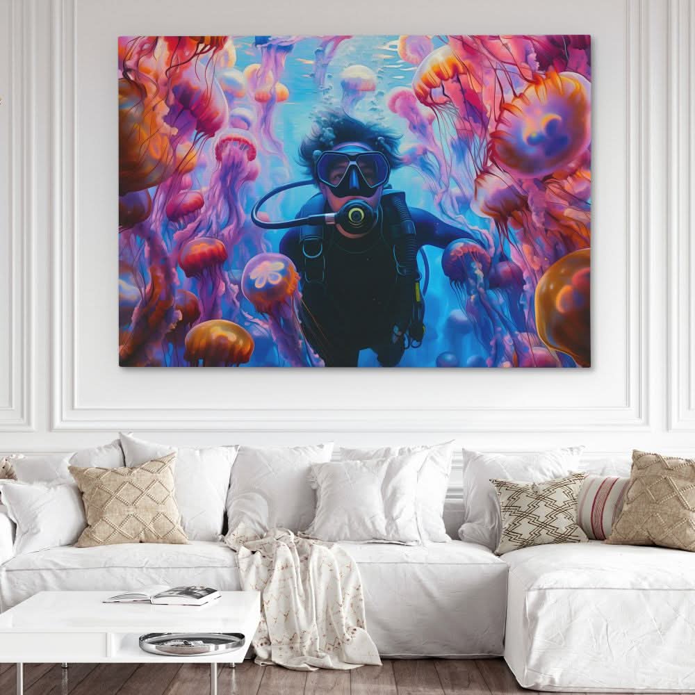 Swimming with Jellyfish - Diving Wall Art in Black Frame
