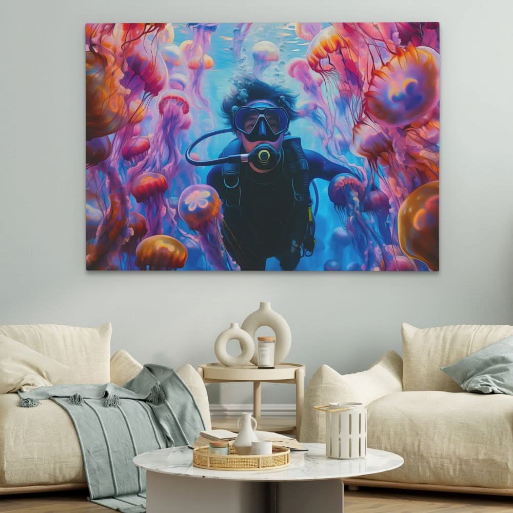 Swimming with Jellyfish - Wall Art in Black Frame