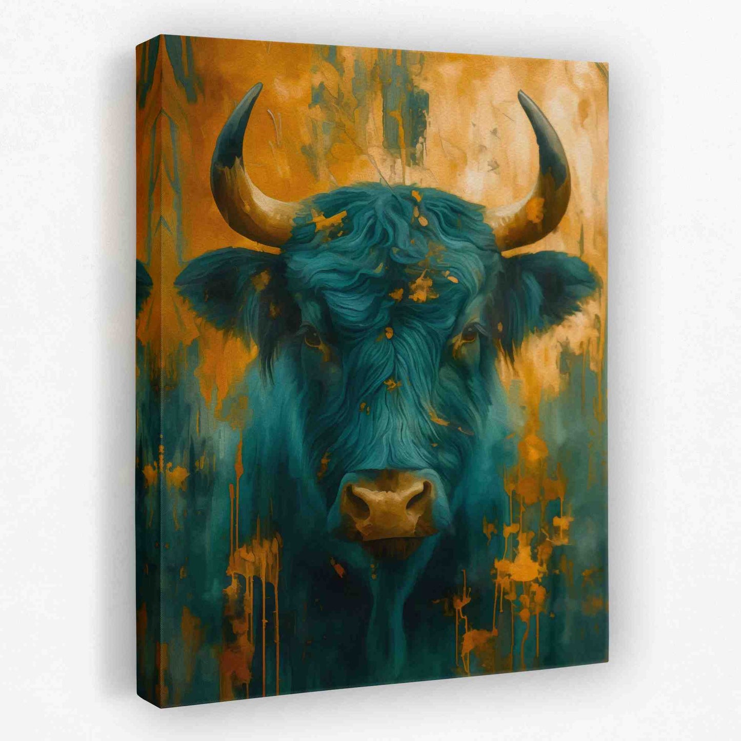 Teal and Gold Horns - Animals Canvas Wall Art